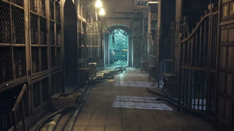 Corridor of an old ancient building used for a modern cyber laboratory Stock Footage 157337382