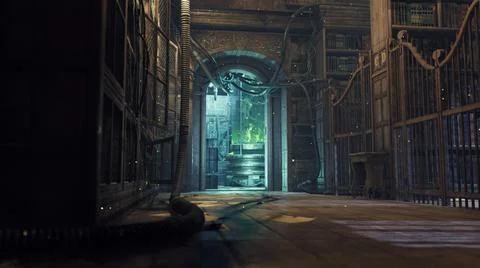 Corridor of an old ancient building used for a modern cyber laboratory. The Ilustración de archivo