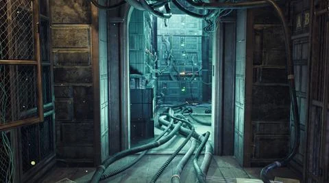 Corridor of an old ancient building used for a modern cyber laboratory. The Stock Illustration