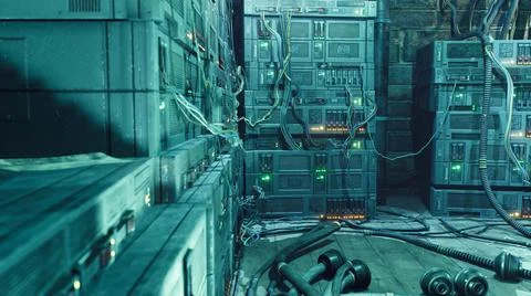 Corridor of an old ancient building used for a modern cyber laboratory. The 스톡 일러스트