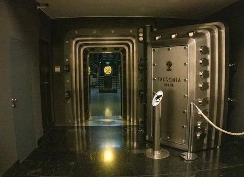 Corridor with open armored iron protective doors at a bank in Prague. Czech Stock Photos
