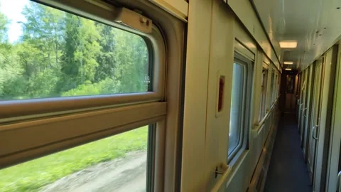 Corridor of passenger train carriage during movement. Wagon with landscapes Stockbeeldmateriaal 314333190