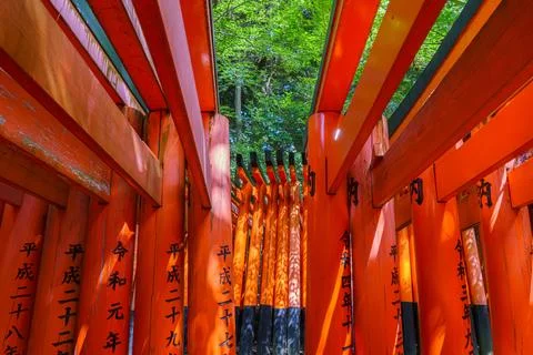 Corridor of the red gate of Senbon Torii with Japanese inscriptions Stockfoto's