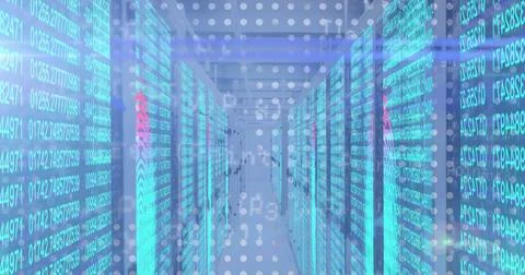 Corridor of server racks displaying cyan code overlay in data center, with LED Stock Photos