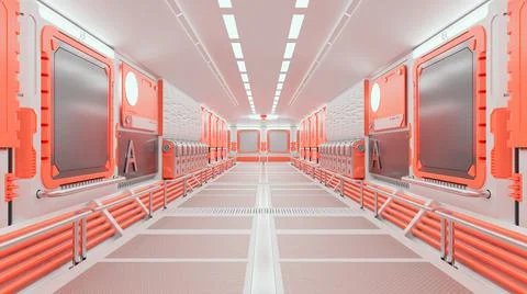 Corridor in space station or in laboratory decorated with orange color. futur Stock Illustration