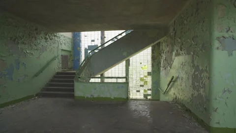 Corridor with stairs. Old abandoned school. Gross Friedrichsdorf. Koenigsberg Video stock 241366970