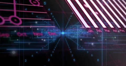 Corridor starting streams flowing outward, code sliding and pie chart rotating Stock Footage 310429787