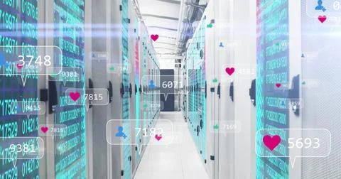 Corridor stretching in data center, with server racks, cables and streams, 스톡 일러스트