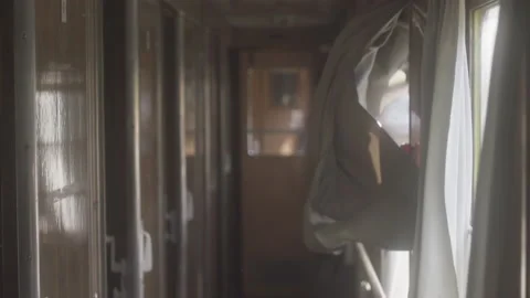 Corridor in the train compartment, curtains develop while the train is moving Video stock 149513147