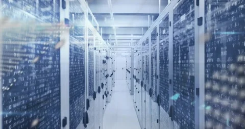 Corridor view starting dot-matrix map fading code lines scrolling orange sparks Stock Footage 319572582