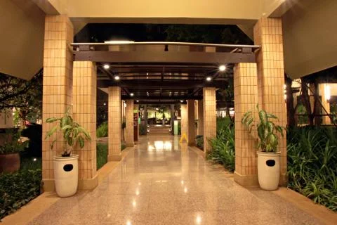 Corridors at night in the hotel. Stock Photos