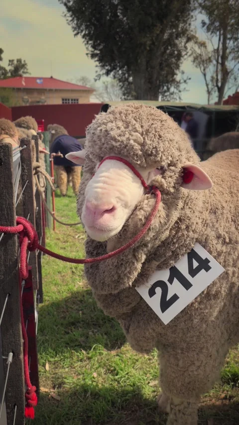 Corriedale breed sheep face during an exhibition. 4K Vertical footage Stock Footage 318853790