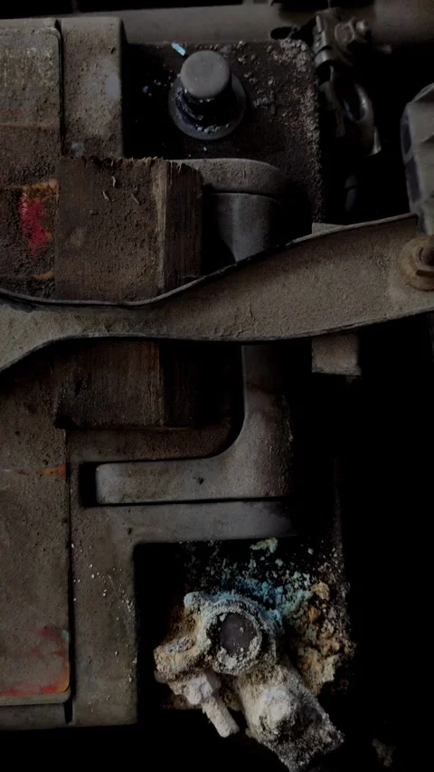 Corroded car battery terminal with blue and white acid crystals Stock Footage 334321572