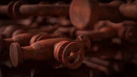 Corroded Industrial Pipe Network with Rusty Flanges and Bolted Connections .. Stock Illustration