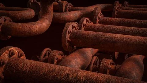 Corroded Industrial Pipe Network with Rusty Flanges and Bolted Connections .. Stock Illustration