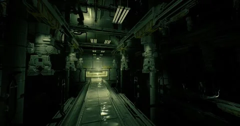 Corroded panels and scattered valves create suspenseful spaceship environment Stock Footage 333559317