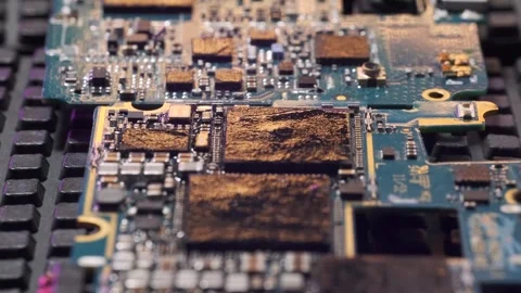 Corroded processor chips tracking shot, metal scorched microchip Stock Footage 271369465