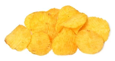 Corrugated chips isolated on white background. Fast food, fried potatoes Stock Photos