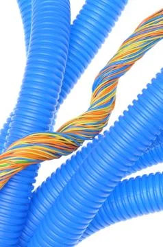 Corrugated plastic pipe with electrical cable 스톡 사진