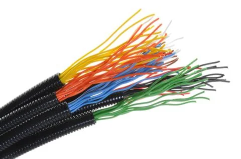 Corrugated plastic pipe with electrical cables Stock Photos