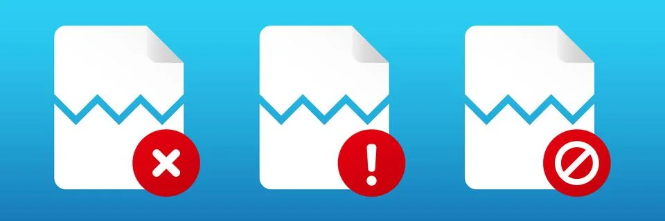 Corrupted file icon report. Failed document with error Stock Illustration