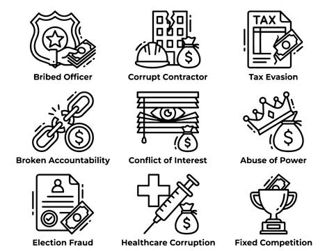 Corruption and Abuse of Power Icon Set with Tax Evasion Stock Illustration