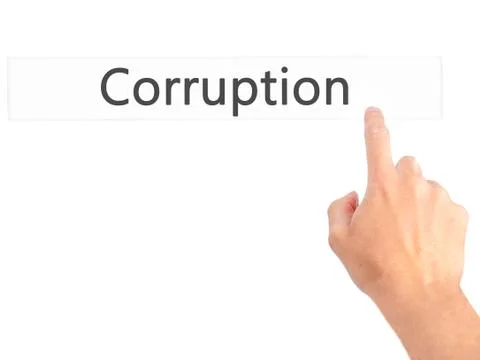 Corruption - Hand pressing a button on blurred background concept on visual s 스톡 사진