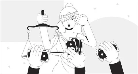 Corruption in justice system black and white illustration Stock Illustration