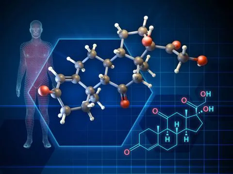 Cortisone molecule Cortisone molecule formula and 3D diagram. Digital illu... Stock Photos