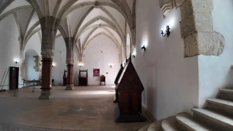 Corvin Castle interior hall with Gothic architecture and stairs Stock Footage 319651231