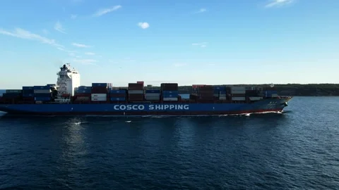 Cosco Container Ship Entering Botany Bay, Sydney, Australia | Cargo Vessel Stock-Footage 341560173