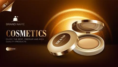 Cosmetic ads template of mini foundation box on blrown glossy background and  Stock Illustration