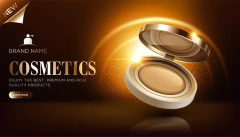 Cosmetic ads template of mini foundation box on blrown glossy background and  Stock Illustration