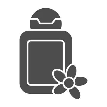 Cosmetic bottle with flower solid icon, spa salon concept, oil bottle sign on Stock Illustration
