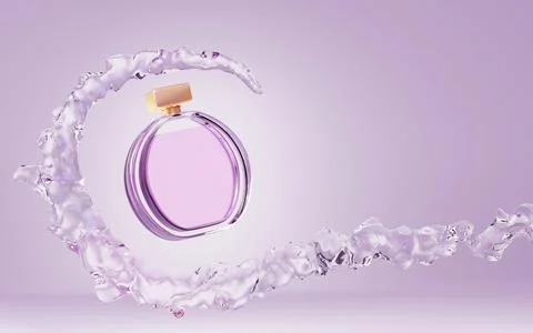 Cosmetic bottle perfume in stream splash water mock up banner. Glass round Illustrazione stock