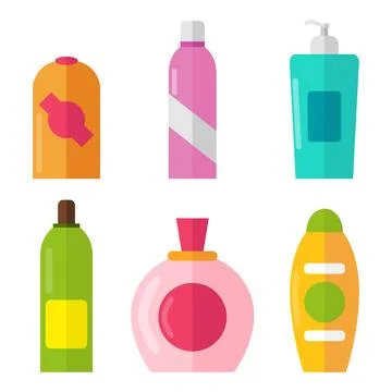 Cosmetic bottles vector set shampoo shower gel lotion perfume spray tubes Stock Illustration