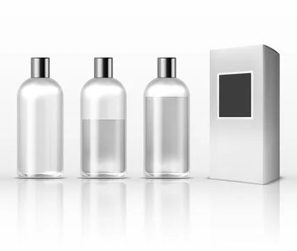 Cosmetic clear plastic bottles, empty transparent lotion containers isolated on Stock Illustration