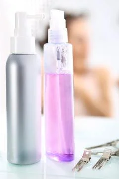 Cosmetic composition set on bathroom shelf  Stock Photos