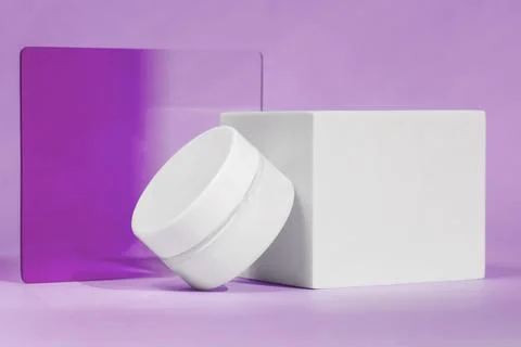 Cosmetic container and white jar on purple background for skincare branding Stock Illustration