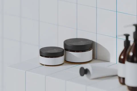 Cosmetic containers with blank labels, 3d render Stock Illustration