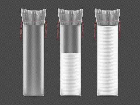 Cosmetic cotton pad disk stack package, vector white round pads in plastic bag Stock Illustration