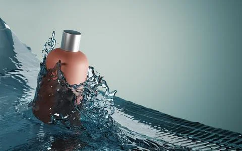 Cosmetic empty bottle on water surface with splash. Beauty skin care product Stock Photos