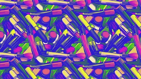 Cosmetic essentials in bold pop art scene – Horizontal motion Stock Footage 308164093