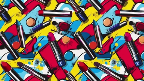 Cosmetic essentials in bold pop art scene – Diagonal motion Stock Footage 308166245