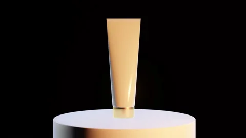 Cosmetic jars with a golden element play of light on a pedestal black background Stock Footage 143574949