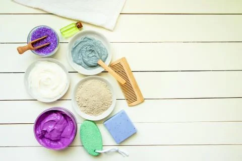 Cosmetic objects for spa procedures on a white background. Selective focus. Stock Photos