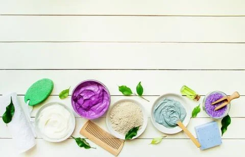Cosmetic objects for spa procedures on a white background. Selective focus. Stock Photos