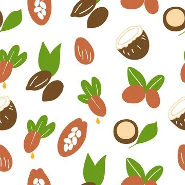 Cosmetic oils seamless pattern. Nuts from which squeeze oils. Nourishing oils Stock Illustration