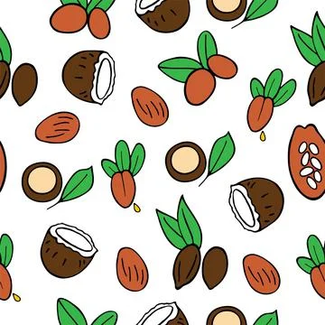 Cosmetic oils seamless pattern. Nuts from which squeeze oils. Nourishing oils Stock Illustration