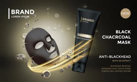 Cosmetic package advertising vector template skin care charcoal mask Stock Illustration